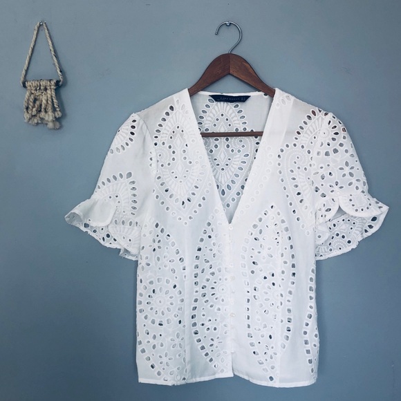 Zara Tops - Zara White Eyelet Button Up Ruffle Blouse (S)